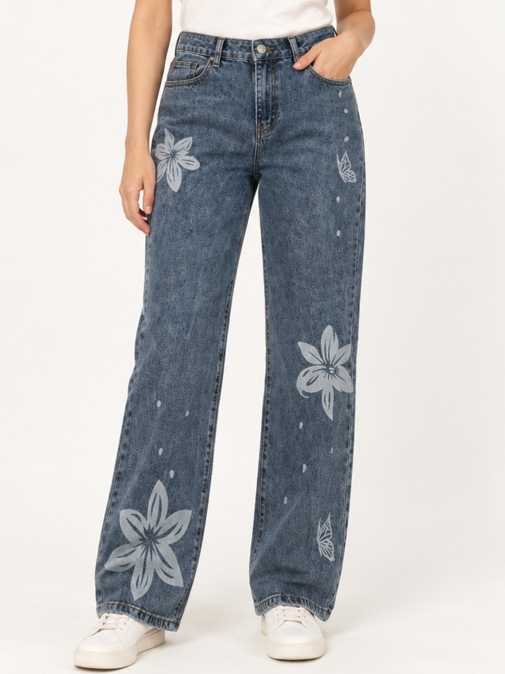Floral Butterfly Print Straight Leg Jeans